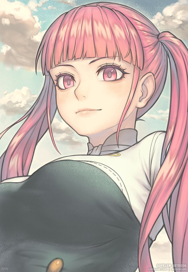 gofelem, hilda valentine goneril, fire emblem, fire emblem: three houses, nintendo, commentary, 1girl, artist name, blue sky, breasts, buttons, closed mouth, cloud, garreg mach monastery uniform, large breasts, lips, long hair, looking at viewer, outdoors, pink eyes, pink hair, pink lips, sky, smile, solo, twintails, very long hair