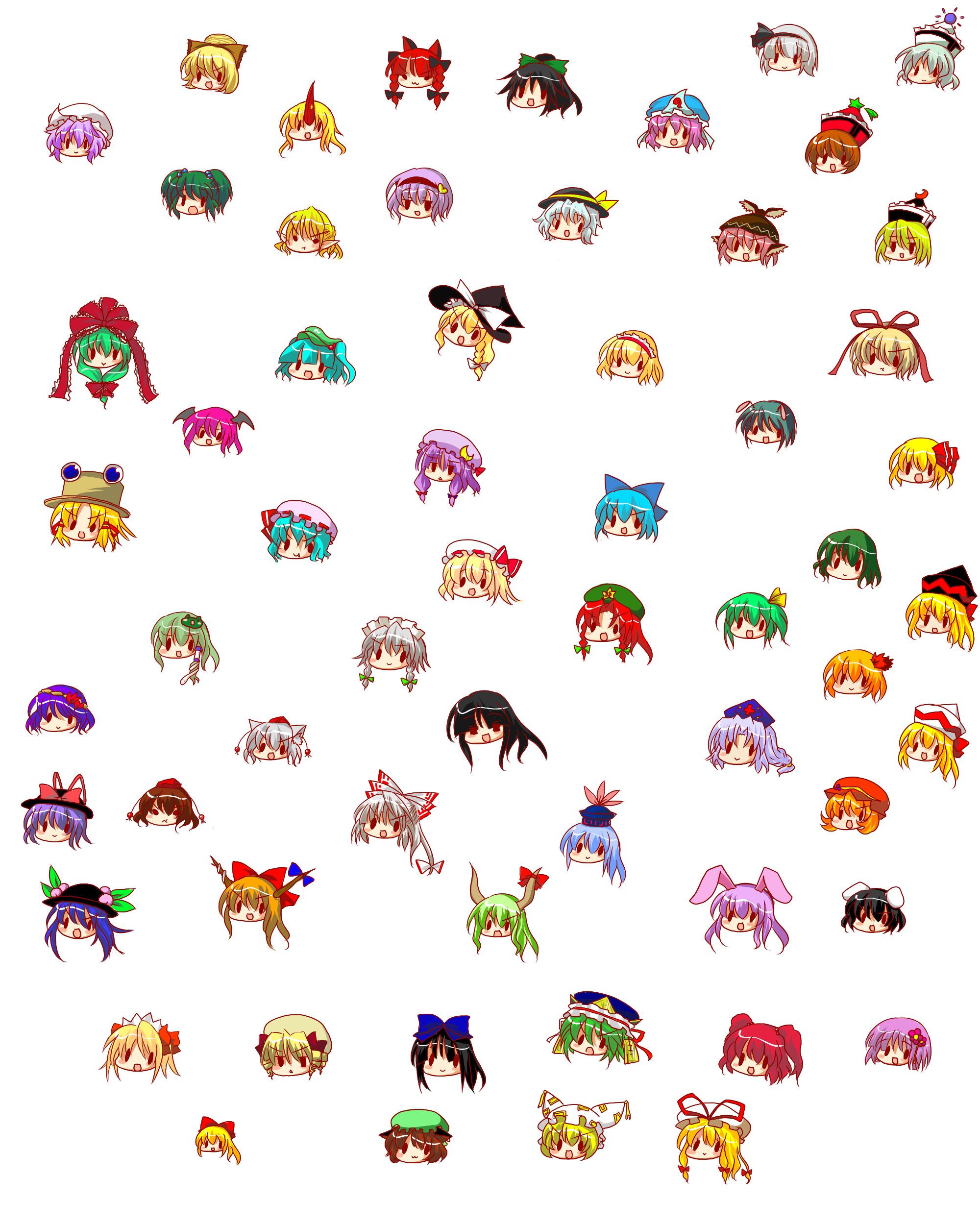 buuwa, aki minoriko, aki shizuha, alice margatroid, chen, cirno, daiyousei, ex-keine, flandre scarlet, fujiwara no mokou, hakurei reimu, hieda no akyuu, hinanawi tenshi, hong meiling, hoshiguma yuugi, houraisan kaguya, ibuki suika, inaba tewi, inubashiri momiji, izayoi sakuya, kaenbyou rin, kagiyama hina, kamishirasawa keine, kawashiro nitori, kazami yuuka, kirisame marisa, kisume, koakuma, kochiya sanae, komeiji koishi, komeiji satori, konpaku youmu, kurodani yamame, letty whiterock, lily black, lily white, luna child, lunasa prismriver, lyrica prismriver, medicine melancholy, merlin prismriver, mizuhashi parsee, moriya suwako, mystia lorelei, nagae iku, onozuka komachi, patchouli knowledge, reisen udongein inaba, reiuji utsuho, remilia scarlet, rumia, saigyouji yuyuko, shameimaru aya, shanghai doll, shiki eiki, star sapphire, sunny milk, wriggle nightbug, yagokoro eirin, yakumo ran, yakumo yukari, yasaka kanako, touhou, head, silver hair, absurdres, highres, 6+girls, :3, animal ears, animal hat, black hair, blonde hair, blue hair, bow, brown hair, cat ears, chibi, everyone, female focus, frog hair ornament, front ponytail, green hair, hair bow, hair ornament, hair ribbon, hat, headpiece, horns, leaf, leaf on head, long hair, mob cap, multiple girls, no humans, object on head, open mouth, orange hair, pink hair, purple hair, red eyes, red hair, ribbon, short hair, side ponytail, single horn, solid circle eyes, tokin hat