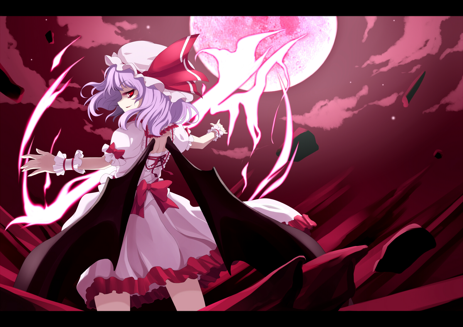 uruu gekka, remilia scarlet, touhou, 1girl, bat wings, bow, dress, female focus, full moon, hat, letterboxed, moon, purple hair, red eyes, red moon, solo, wings, wrist cuffs