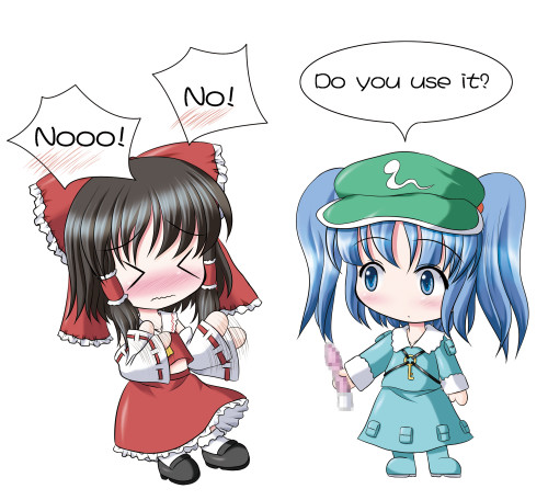 riku (rikkuru), hakurei reimu, kawashiro nitori, touhou, lowres, > <, 2girls, blush, censored, chibi, closed eyes, detached sleeves, dildo, embarrassed, english text, female focus, full body, hat, mosaic censoring, multiple girls, sex toy, sexually suggestive, short hair, simple background, speech bubble, two side up, vibrator, wavy mouth, white background