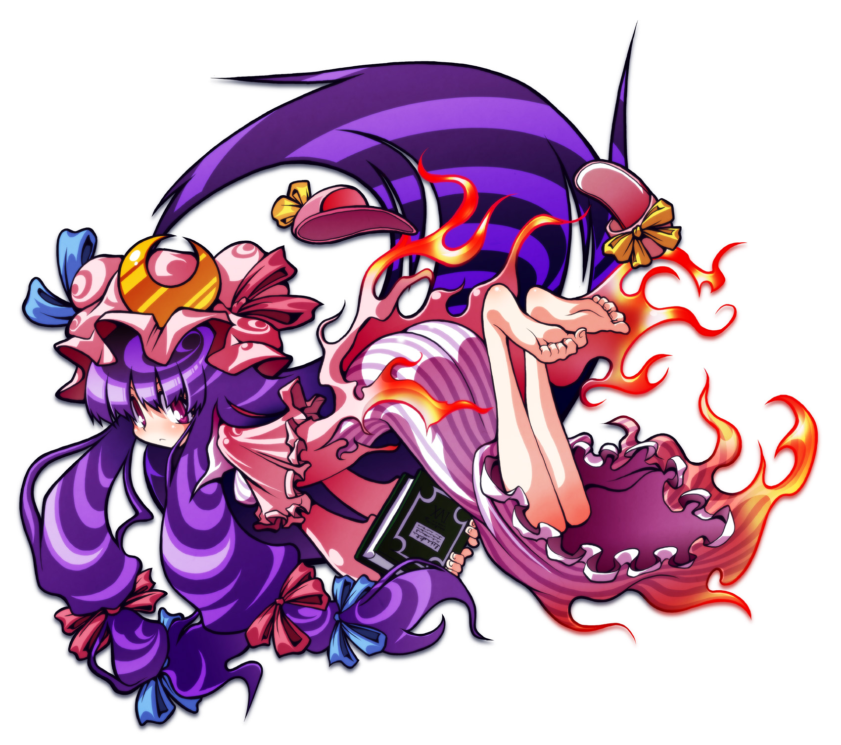 ichi (ichikai), patchouli knowledge, touhou, highres, 1girl, :<, barefoot, book, feet, female focus, long hair, looking back, purple hair, slippers, solo