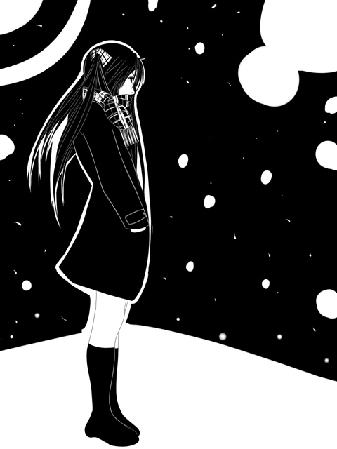 naf, hiiragi kagami, lucky star, bad id, bad pixiv id, 00s, coat, greyscale, high contrast, monochrome, scarf, solo, twintails