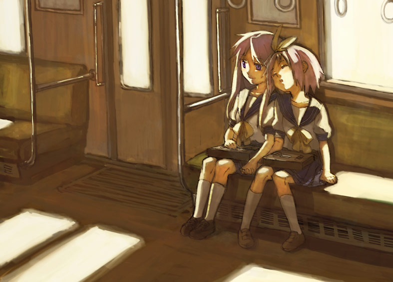 fukutarou (enji127), hiiragi kagami, hiiragi tsukasa, lucky star, 00s, 2girls, bag, blue eyes, closed eyes, collarbone, hair ribbon, hairband, holding hands, long hair, multiple girls, pleated skirt, purple hair, ribbon, school bag, school uniform, serafuku, short hair, siblings, sisters, sitting, skirt, sleeping, sleeping upright, smile, train, train interior, twins
