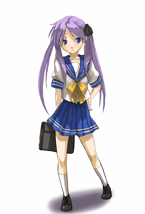 fukutarou (enji127), hiiragi kagami, lucky star, 00s, 1girl, :<, annoyed, bag, blue eyes, collarbone, female focus, frown, gradient background, hair ribbon, hand on own hip, hip focus, kneehighs, long hair, pleated skirt, purple hair, ribbon, satchel, school bag, school uniform, serafuku, simple background, skirt, socks, solo, standing, tsurime, twintails, white socks
