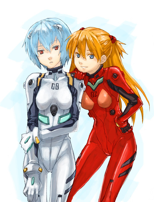fukutarou (enji127), ayanami rei, souryuu asuka langley, neon genesis evangelion, 2girls, blue eyes, blue hair, bodysuit, bracer, breasts, colored eyelashes, contrapposto, cowboy shot, expressionless, gloves, grin, hair between eyes, hair ornament, hand on another's shoulder, hand on own hip, legs apart, long hair, looking at viewer, mecha pilot suit, multiple girls, orange hair, parted lips, plugsuit (evangelion), red eyes, simple background, skinny, small breasts, smile, standing, turtleneck, two side up