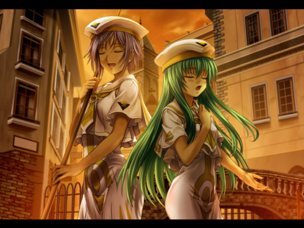 mutsuki (moonknives), alice carroll, athena glory, aria (manga), square enix, uniform, 00s, 2girls, :d, blouse, blue hair, blush, cloak, closed eyes, evening, green hair, long hair, multiple girls, nun, open mouth, outdoors, shirt, smile, sunset, veil, very long hair, white shirt
