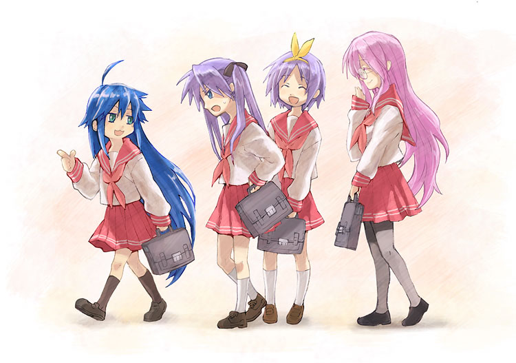 fukutarou (enji127), hiiragi kagami, hiiragi tsukasa, izumi konata, takara miyuki, lucky star, 00s, 4girls, :3, ahoge, bag, blue eyes, blue hair, closed eyes, green eyes, hair ribbon, hands on own hips, laughing, long hair, multiple girls, pantyhose, pink hair, pleated skirt, pointing, purple hair, ribbon, school bag, school uniform, serafuku, short hair, siblings, sisters, skirt, smile, tsurime, twins, twintails, very long hair, walking