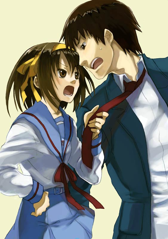 fukutarou (enji127), kyon, suzumiya haruhi, suzumiya haruhi no yuuutsu, 00s, 1boy, 1girl, angry, clothes grab, necktie, necktie grab, neckwear grab, school uniform, serafuku