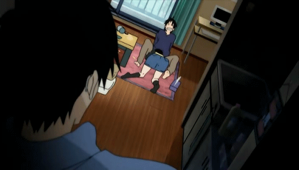 nakahara misaki, satou tatsuhiro, yamazaki kaoru, nhk ni youkoso!, animated, animated gif, anime screenshot, 00s, 1girl, 2boys, ass, back, black hair, computer, computer keyboard, denim, denim skirt, dutch angle, implied fellatio, indoors, miniskirt, multiple boys, sexually suggestive, skirt, socks, top-down bottom-up, walk-in, wooden floor