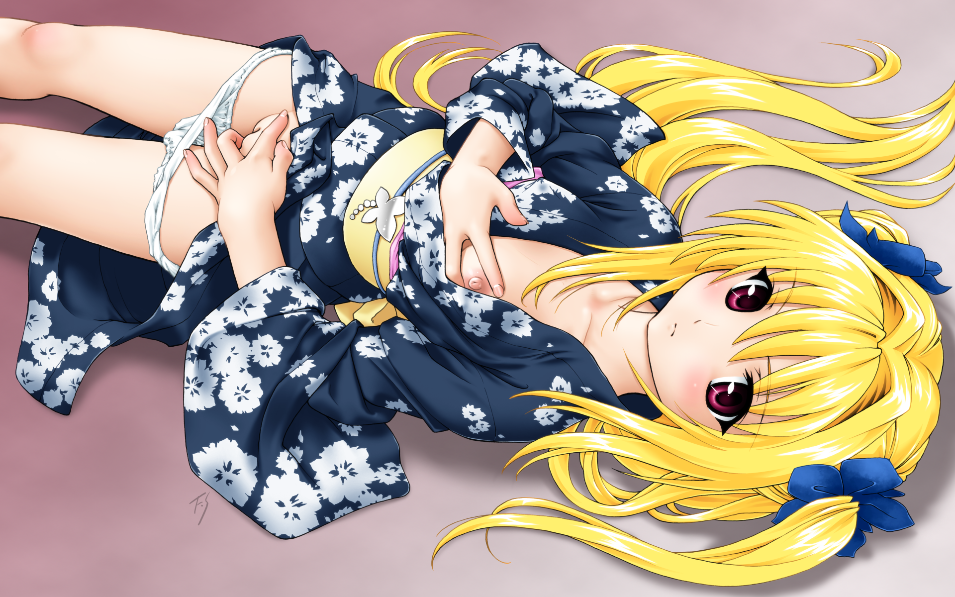 fuji shinobu, konjiki no yami, to love-ru, highres, 00s, 1girl, blonde hair, cleft of venus, female focus, female masturbation, flat chest, japanese clothes, kimono, long hair, looking at viewer, lying, masturbation, nipples, open clothes, open kimono, panties, panty pull, purple eyes, pussy, solo, uncensored, underwear