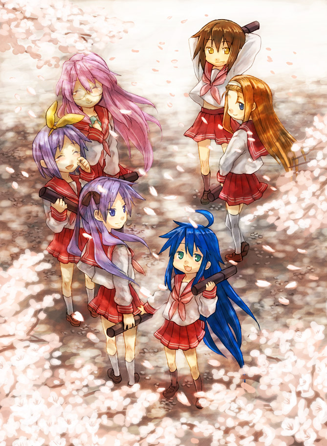 fukutarou (enji127), hiiragi kagami, hiiragi tsukasa, izumi konata, kusakabe misao, minegishi ayano, takara miyuki, lucky star, 00s, 6+girls, ahoge, arms behind head, back, blue eyes, blue hair, brown hair, cherry blossoms, fang, glasses, graduation, green eyes, hair ribbon, kneepits, long hair, looking at viewer, looking back, midriff, mole, mole under eye, multiple girls, orange hair, outdoors, own hands clasped, own hands together, pink hair, pleated skirt, purple eyes, purple hair, ribbon, school uniform, serafuku, short hair, siblings, sisters, skirt, smile, standing, tears, thighhighs, tsurime, twins, twintails, very long hair, white thighhighs, yellow eyes, zettai ryouiki