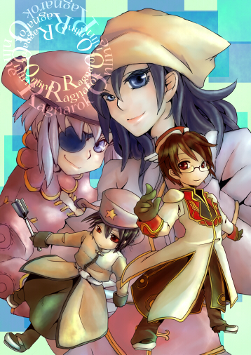 acolyte (ragnarok online), high priest (ragnarok online), merchant (ragnarok online), ragnarok online, commentary request, 2boys, 2girls, biretta, black gloves, black hair, black pants, black shoes, blue background, brown hair, closed mouth, coat, copyright name, eyepatch, glasses, gloves, gold trim, hat, headscarf, holding, holding mace, holding weapon, long hair, long sleeves, looking at viewer, mace, multicolored coat, multiple boys, multiple girls, omichizuru, pants, purple eyes, purple hair, red coat, red eyes, red hat, shoes, short hair, smile, spiked mace, spikes, star (symbol), two-tone coat, upper body, weapon, white coat, white headscarf