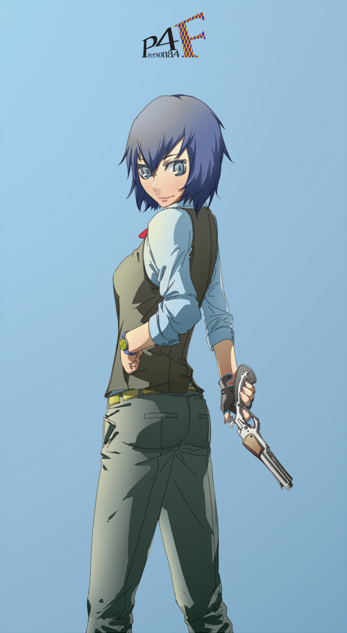 arabahama, shirogane naoto, atlus, persona, persona 4, 1girl, aged up, androgynous, blue eyes, blue hair, female focus, fingerless gloves, gloves, gun, handgun, matching hair/eyes, pants, pistol, reverse trap, short hair, simple background, solo, vest, waistcoat, watch, weapon, wristwatch