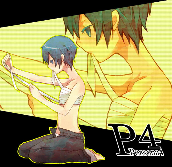mol (pivix), shirogane naoto, atlus, persona, persona 4, bad id, bad pixiv id, 1girl, androgynous, bandages, barefoot, blue eyes, blue hair, breast bind, crossdressing, crossdressing (ftm), female focus, matching hair/eyes, panties, pants, reverse trap, sarashi, short hair, solo, tomboy, underwear, zoom layer