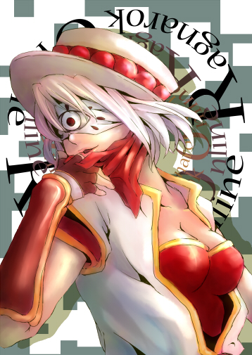 champion (ragnarok online), ragnarok online, commentary request, 1girl, blindfold, breasts, brown gloves, cleavage, coat, eye print, gloves, gold trim, hat, lips, medium breasts, omichizuru, red gloves, red shirt, shirt, short hair, solo, two-tone gloves, upper body, white coat, white hat