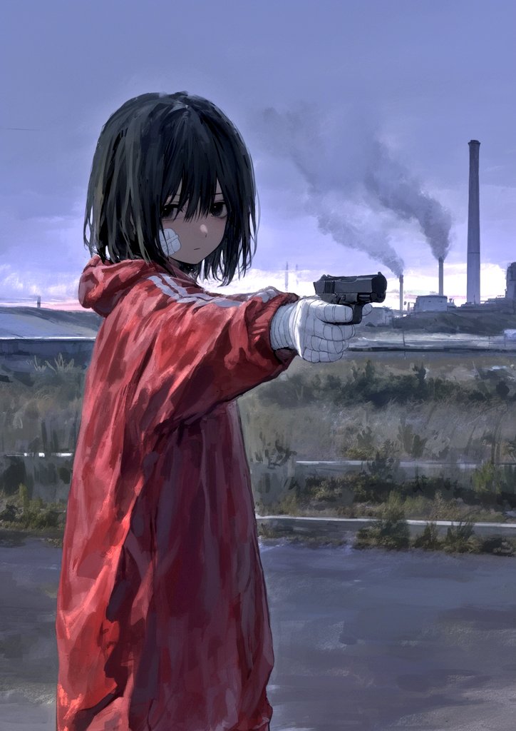 original, 1girl, bandaged arm, bandages, black eyes, black hair, closed mouth, cloud, cloudy sky, holding, hood, hood down, jacket, kodoku220909, long sleeves, looking at viewer, looking back, outdoors, red jacket, short hair, sky, solo, standing