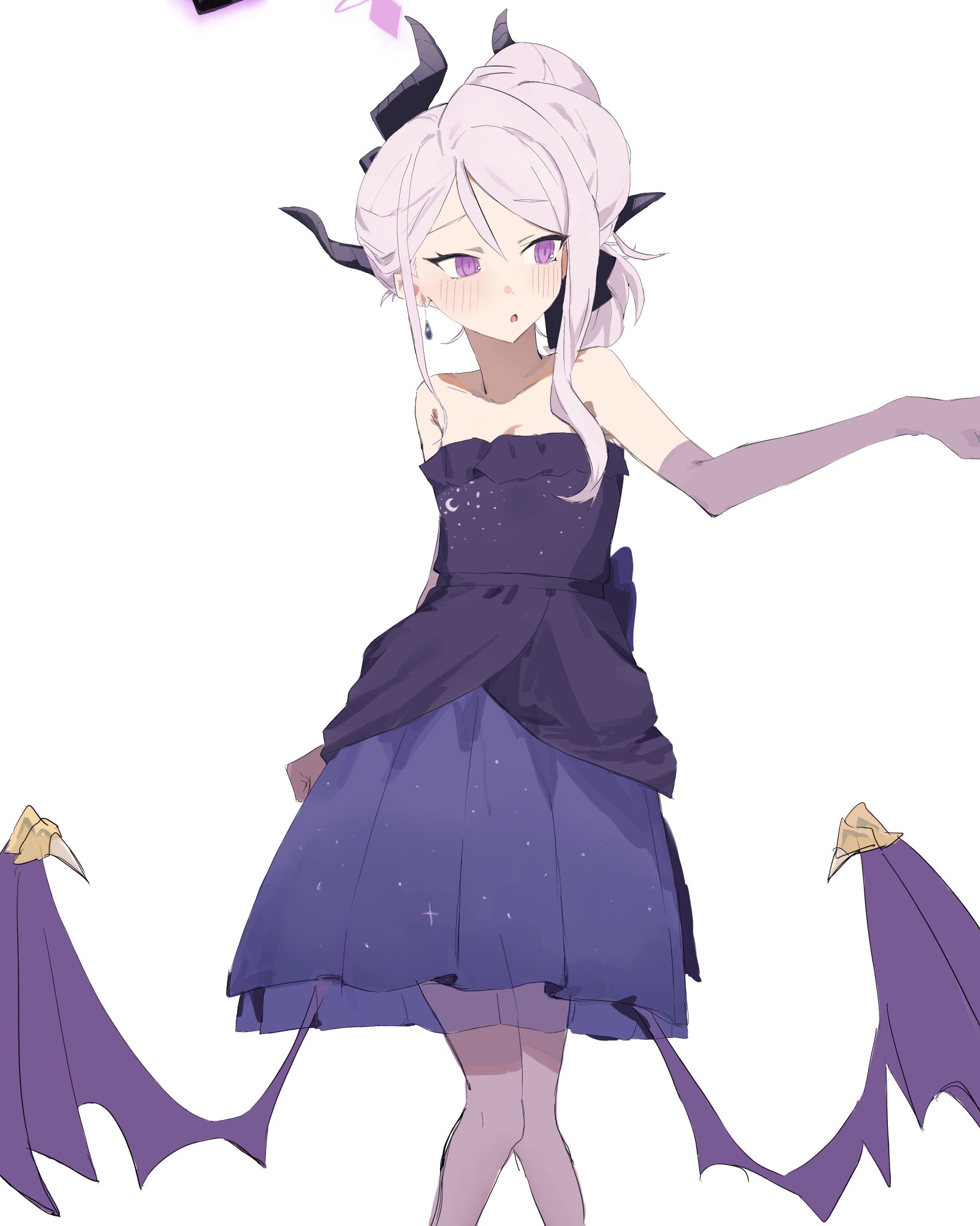 yamanonba, hina (blue archive), hina (dress) (blue archive), blue archive, fluffy hair, highres, 1girl, alternate costume, bare shoulders, black halo, black horns, black ribbon, black thighhighs, blush, breasts, clenched hand, clothes lift, clothes pull, collarbone, cowboy shot, crescent print, demon girl, demon horns, demon wings, dress, dress lift, dress pull, earrings, elbow gloves, evening gown, garter straps, gloves, hair between eyes, hair ribbon, halo, head tilt, horns, jewelry, long hair, looking at viewer, looking to the side, low wings, multicolored halo, multiple horns, no neckwear, official alternate costume, official alternate hairstyle, ponytail, print dress, purple dress, purple eyes, purple gloves, purple halo, reaching, reaching towards another, ribbon, sidelocks, simple background, single earring, small breasts, solo, starry sky print, strapless, strapless dress, thighhighs, triangle mouth, two-tone halo, white background, white hair, wing ornament, wings