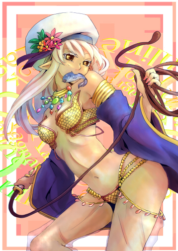 gypsy (ragnarok online), ragnarok online, commentary request, 1girl, bikini, breasts, detached sleeves, feet out of frame, fish in mouth, flower, gem, gold necklace, green gemstone, hat, hat flower, hat ornament, holding, holding whip, jewelry, leaf hat ornament, long hair, looking at viewer, medium breasts, navel, necklace, omichizuru, pants, pink background, pink flower, pointy ears, red flower, see-through clothes, see-through pants, solo, strapless, strapless bikini, swimsuit, tam (ragnarok online), white hair, white hat, yellow bikini