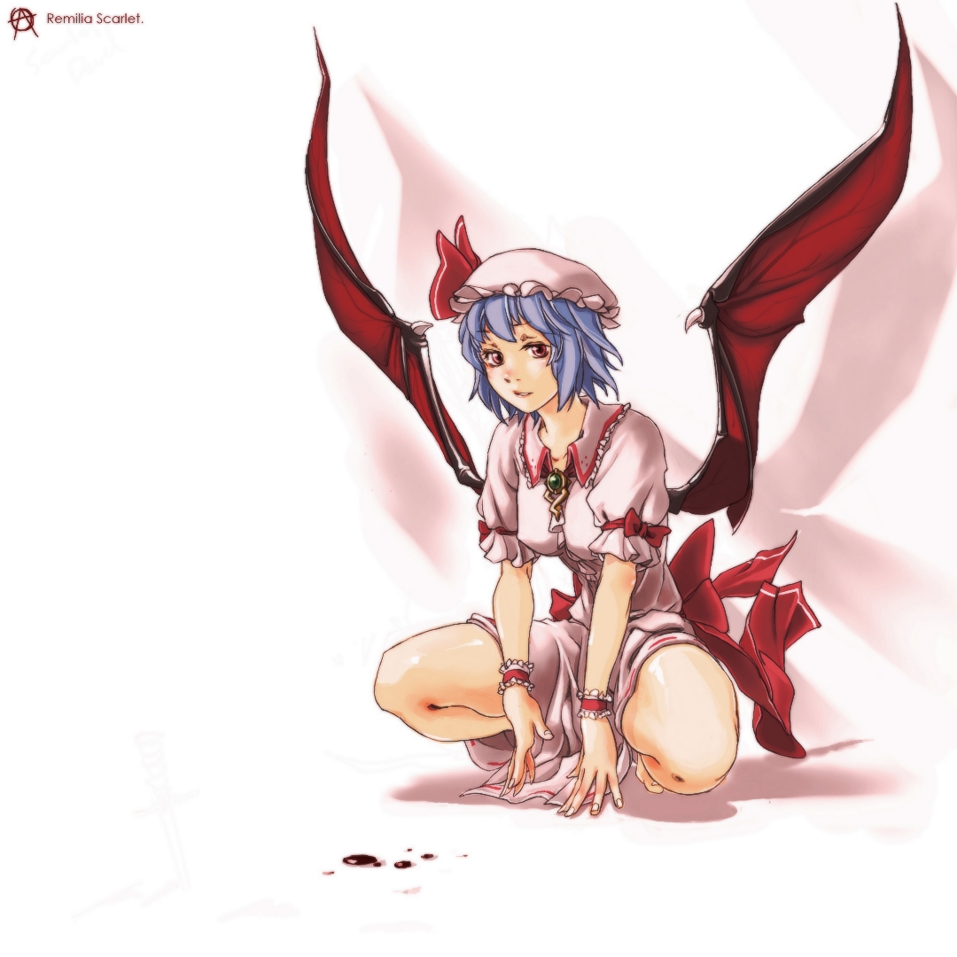 circle a, remilia scarlet, touhou, non-web source, 1girl, barefoot, bat wings, blood, blue hair, demon wings, female focus, lips, red eyes, ribbon, solo, squatting, wings, wrist cuffs