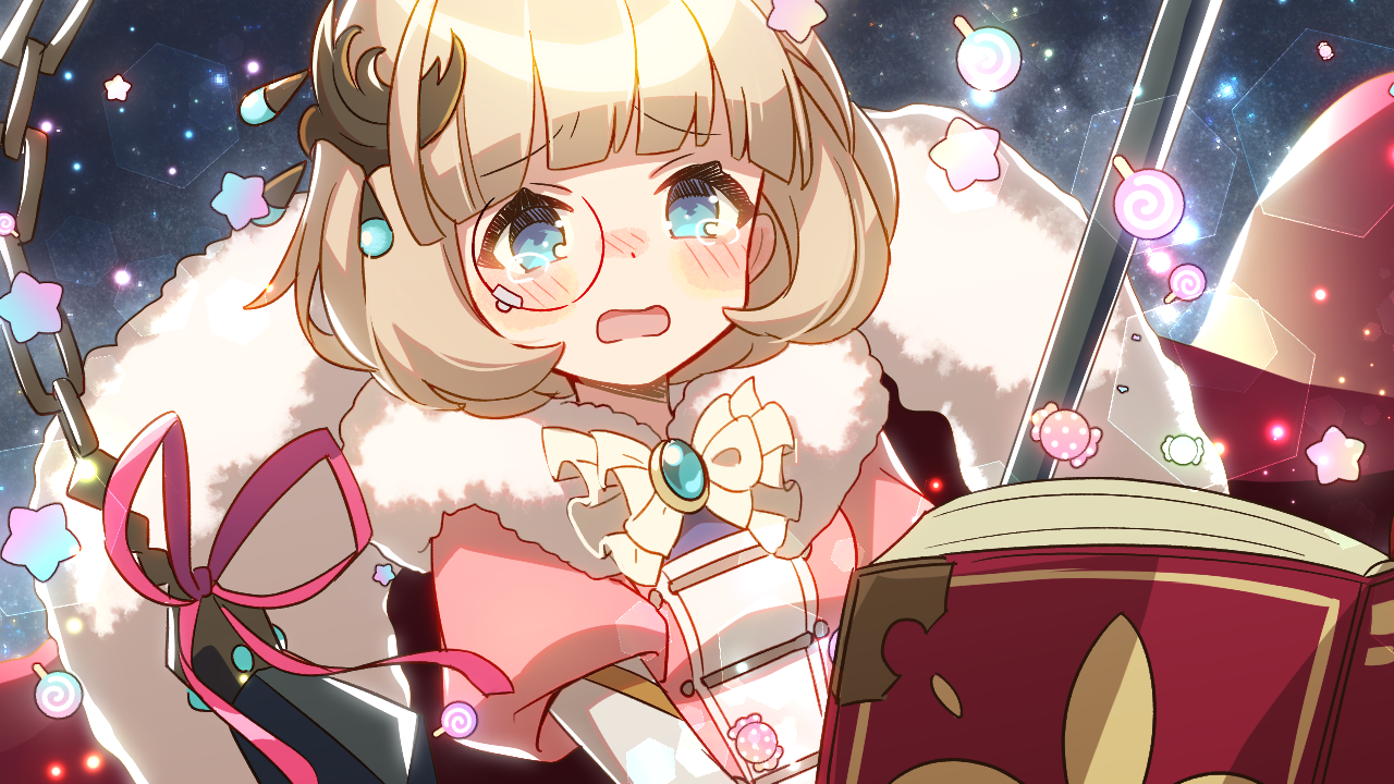 shuu (syuuuuuuuuuu), andromalius (megido72), megido72, commentary request, 1girl, blonde hair, blue eyes, blunt bangs, blush, book, bow, bowtie, cape, dress, furrowed brow, monocle, open book, open mouth, pink dress, red cape, short hair, short sleeves, solo, tears, upper body, white bow, white bowtie