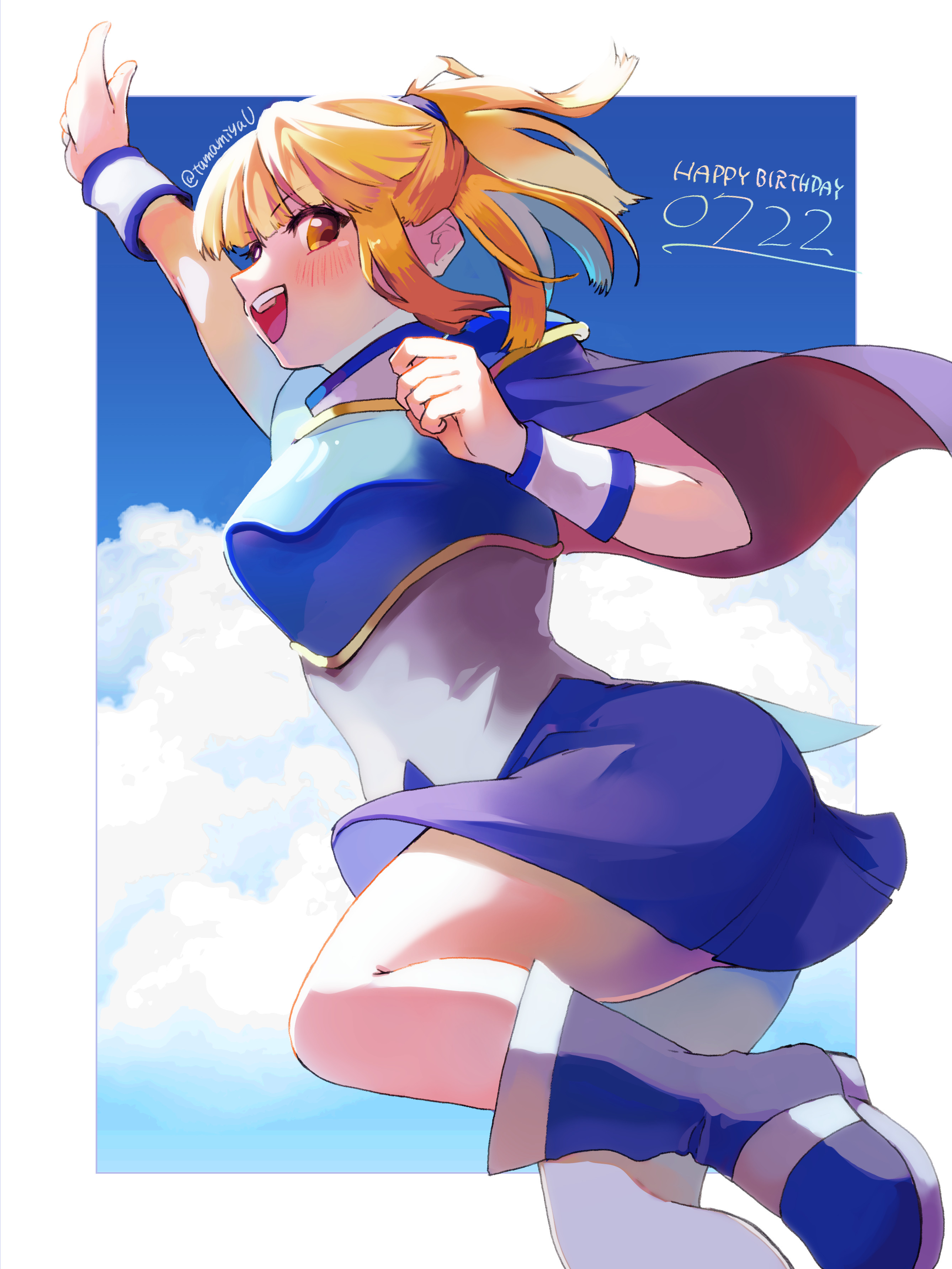 arle nadja, madou monogatari, puyopuyo, absurdres, commentary request, highres, armor, blue boots, blue skirt, blush, boots, breastplate, brown eyes, brown hair, cape, cloud, english text, half updo, hand up, happy birthday, knee up, looking at viewer, open mouth, ponytail, shoulder armor, sidelocks, skirt, tamamiyau, wristband