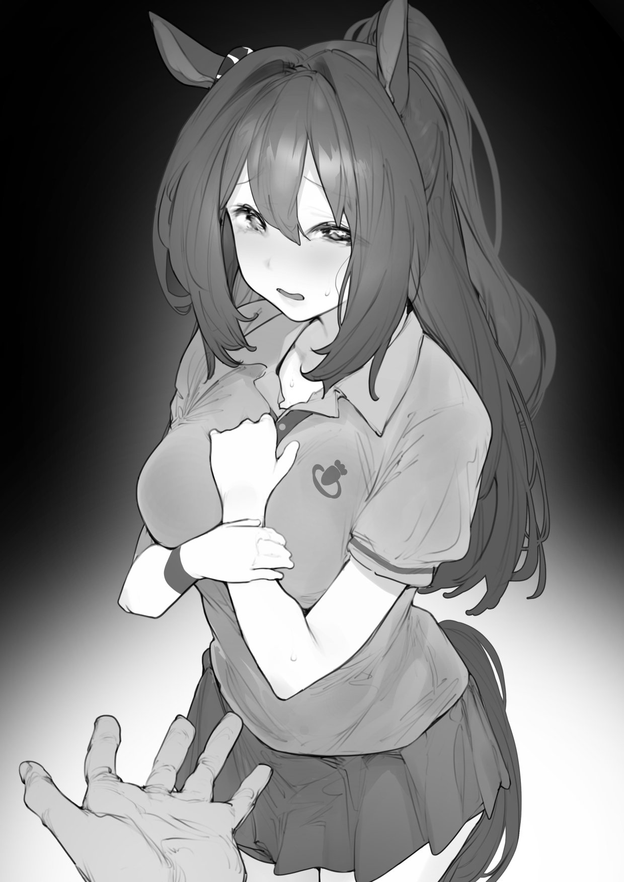 kingbole, el condor pasa (casual) (umamusume), el condor pasa (umamusume), umamusume, highres, 1boy, 1girl, animal ears, blush, breasts, collared shirt, greyscale, hair between eyes, hair intakes, half updo, holding own wrist, horse ears, horse girl, horse tail, large breasts, long hair, looking at viewer, miniskirt, monochrome, open mouth, pleated skirt, polo shirt, pov, pov hands, shirt, short sleeves, skirt, solo, sweat, tail