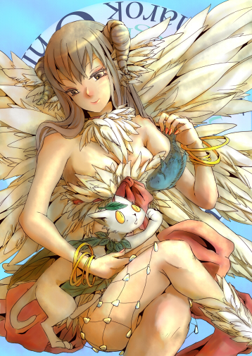 wanderer (ragnarok online), ragnarok online, commentary request, 1girl, bangle, bikini, blue background, bracelet, breasts, cat, cleavage, closed mouth, crossed legs, feather trim, feathered wings, feet out of frame, grey eyes, grey hair, grey horns, horns, jewelry, leaf, leaf cat, long hair, looking at viewer, medium breasts, omichizuru, sitting, smile, solo, swimsuit, white bikini, white cat, white wings, wings