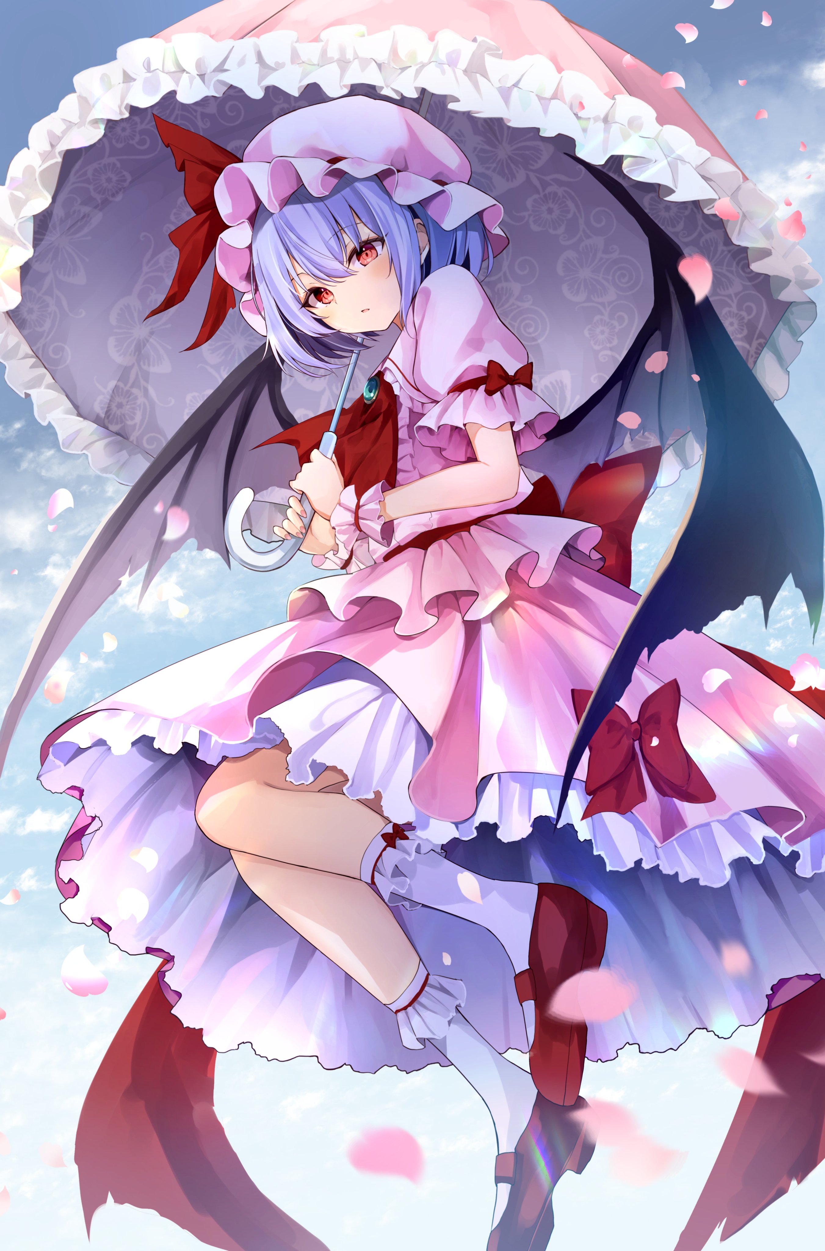hyurasan, remilia scarlet, touhou, absurdres, highres, 1girl, bat wings, blue hair, bow, dress, flying, frills, hat, mob cap, outdoors, parasol, petals, pink dress, red bow, red eyes, ribbon, short hair, sky, smile, solo, umbrella, wings