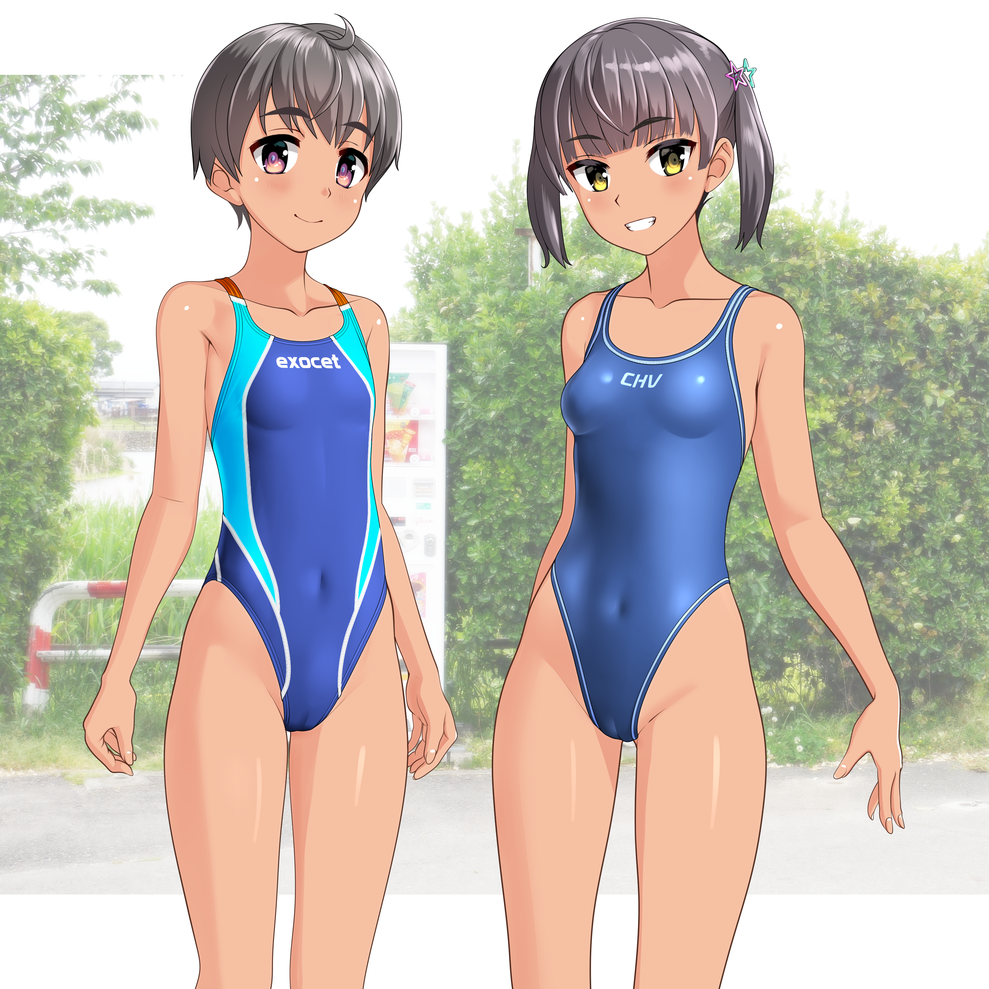 takafumi, original, absurdres, commentary request, highres, large variant set, variant set, 2girls, black hair, blue one-piece swimsuit, breasts, bush, cameltoe, clothes writing, collarbone, competition swimsuit, covered navel, grin, highleg, highleg one-piece swimsuit, multicolored swimsuit, multiple girls, one-piece swimsuit, short hair, small breasts, smile, standing, swimsuit, tan, thick eyebrows, twintails