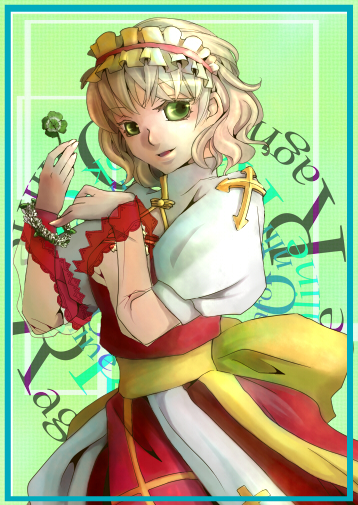 arch bishop (ragnarok online), ragnarok online, commentary request, 1girl, cowboy shot, cross, dress, frilled hairband, frills, green eyes, grey hair, hairband, long sleeves, looking at viewer, omichizuru, open mouth, pink hairband, red dress, sash, short hair, solo, two-tone dress, white dress, yellow sash
