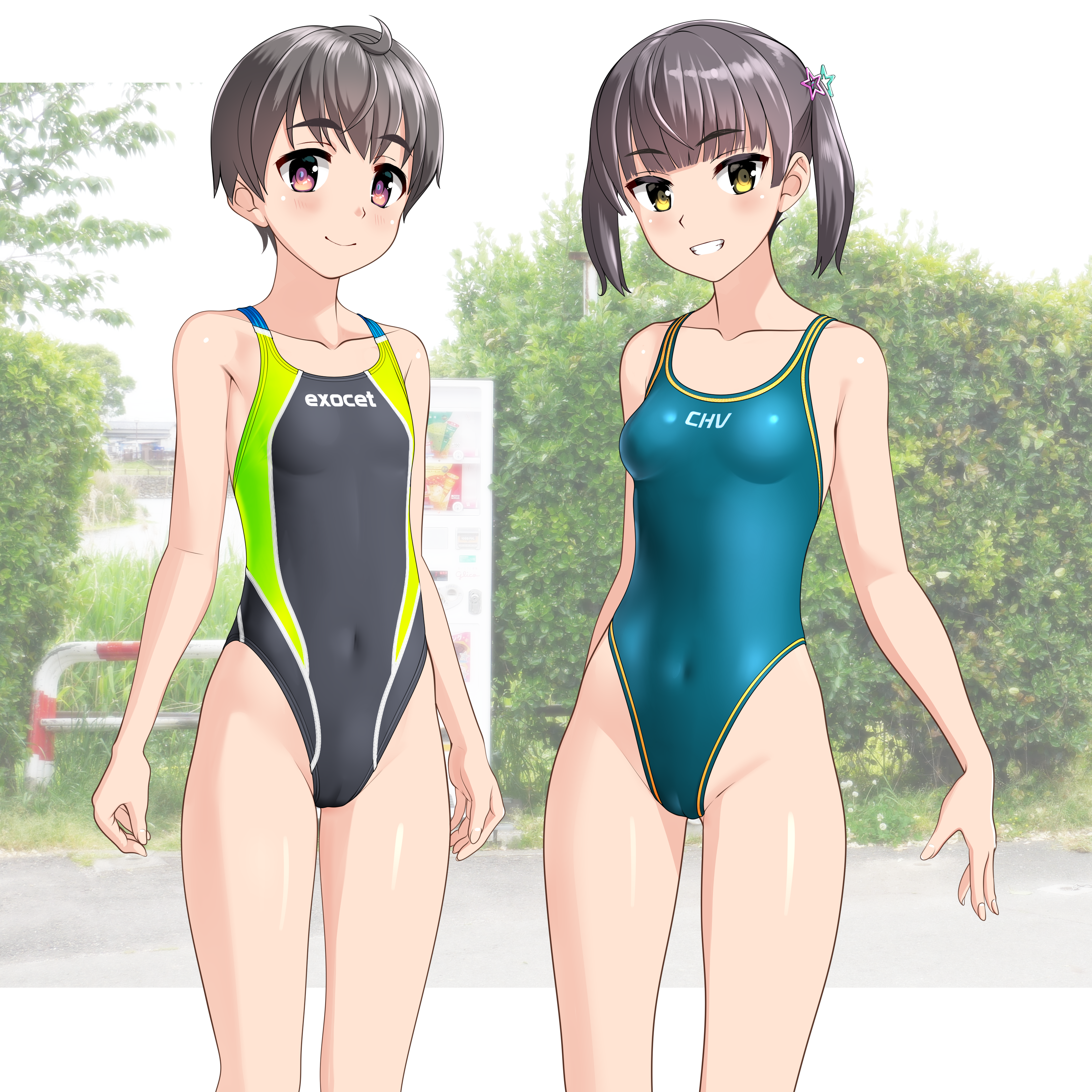takafumi, original, absurdres, commentary request, highres, large variant set, variant set, 2girls, black hair, black one-piece swimsuit, blue one-piece swimsuit, breasts, bush, cameltoe, clothes writing, collarbone, competition swimsuit, covered navel, grin, highleg, highleg one-piece swimsuit, multicolored swimsuit, multiple girls, one-piece swimsuit, short hair, small breasts, smile, standing, swimsuit, thick eyebrows, twintails
