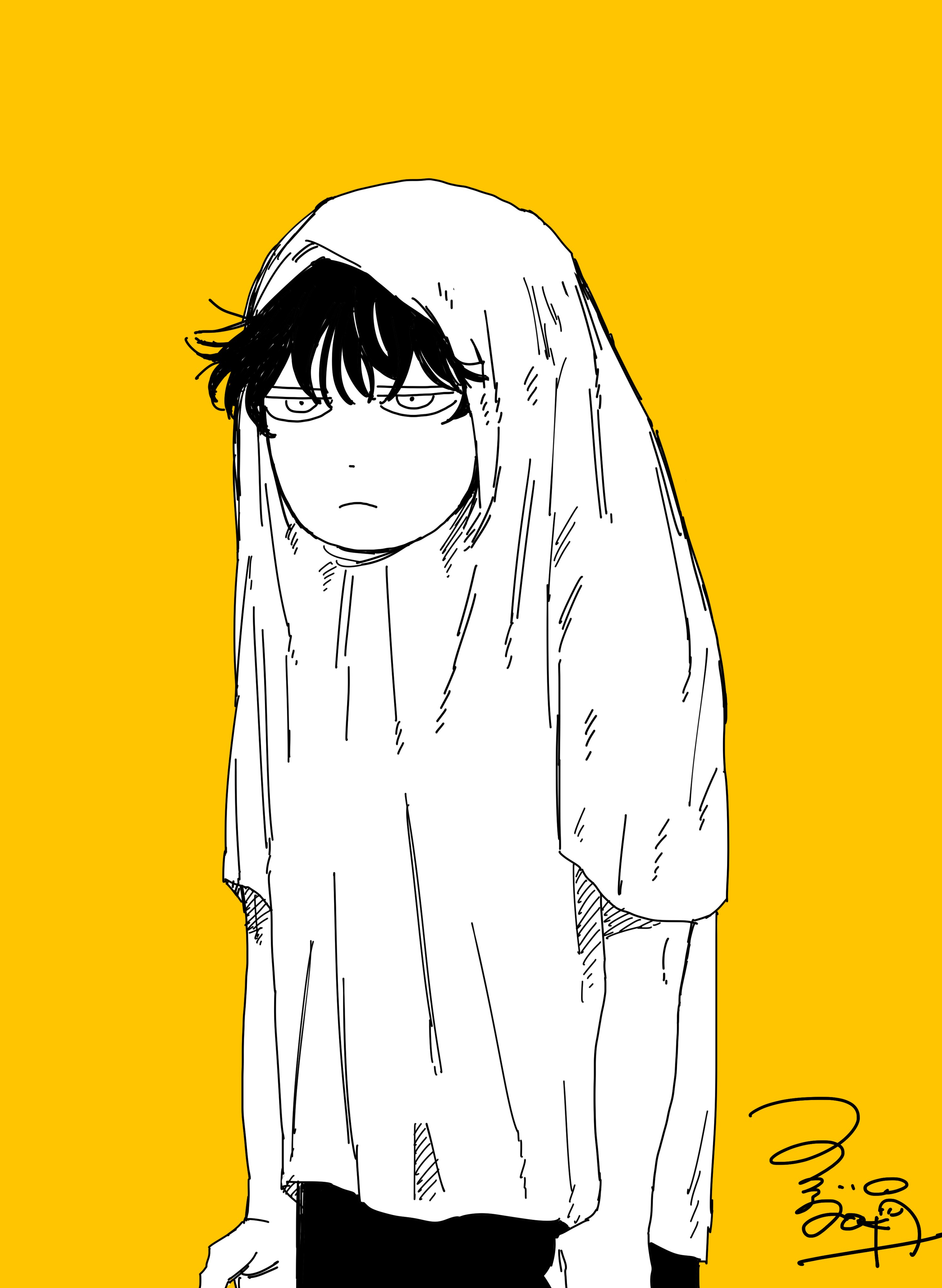 miii y, shishiya gaku, dig it, 1boy, black hair, black shorts, closed mouth, long hair, messy hair, serious, shirt, shorts, signature, simple background, solo, white shirt, yellow background