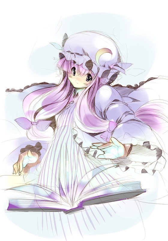 hanpen, patchouli knowledge, touhou, 1girl, book, female focus, purple eyes, purple hair, ribbon, sketch, solo, standing, white background