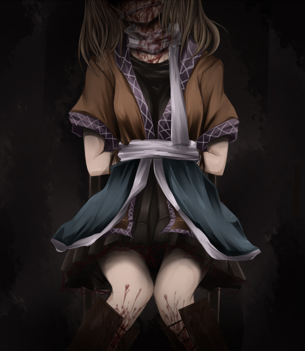 shimo (depthbomb), mizuhashi parsee, touhou, 1girl, blonde hair, blood, bound, death, eyes out of frame, female focus, gag, gagged, guro, head out of frame, scarf, skirt, solo, tied up (nonsexual), torture