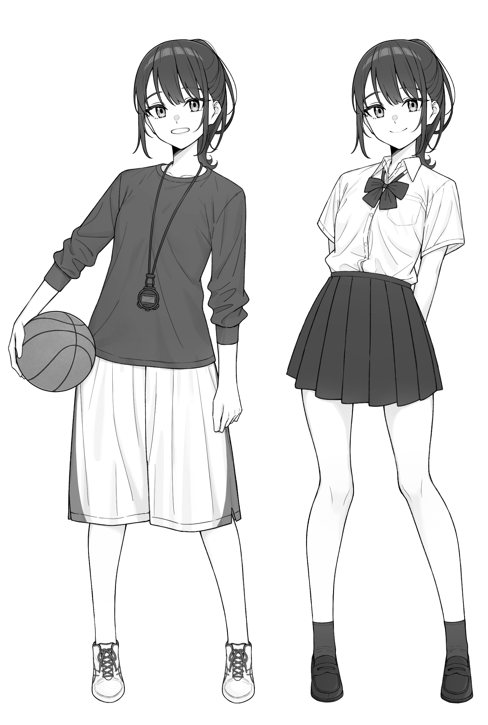 ochiai miyabi, original, absurdres, highres, 2girls, :d, ball, basketball, blush, bow, bowtie, braid, closed mouth, greyscale, holding, holding ball, monochrome, multiple girls, open mouth, pleated skirt, poke ball, ponytail, school uniform, shirt, shoes, skirt, smile, sneakers, sportswear, standing, timer ball