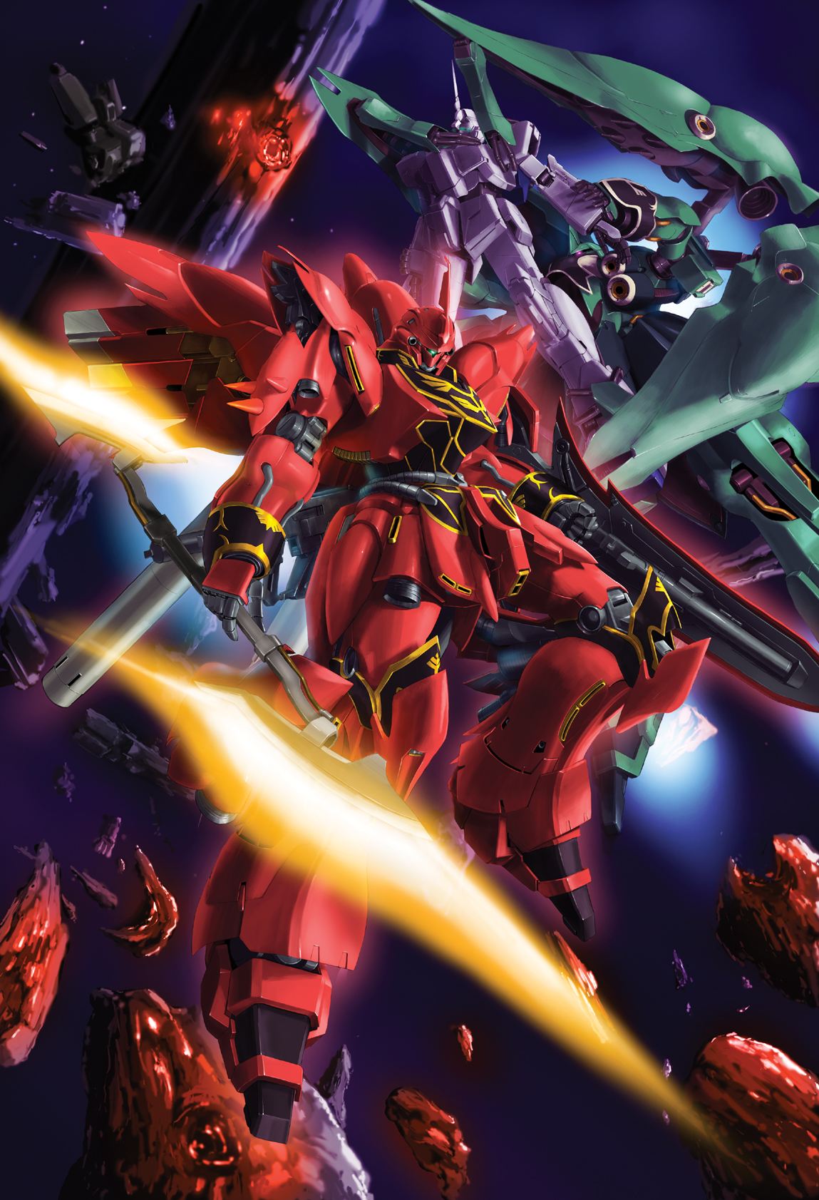 aquakurow, kshatriya, sinanju, unicorn gundam, gundam, gundam unicorn, highres, axe, mecha, no humans, robot, space, weapon