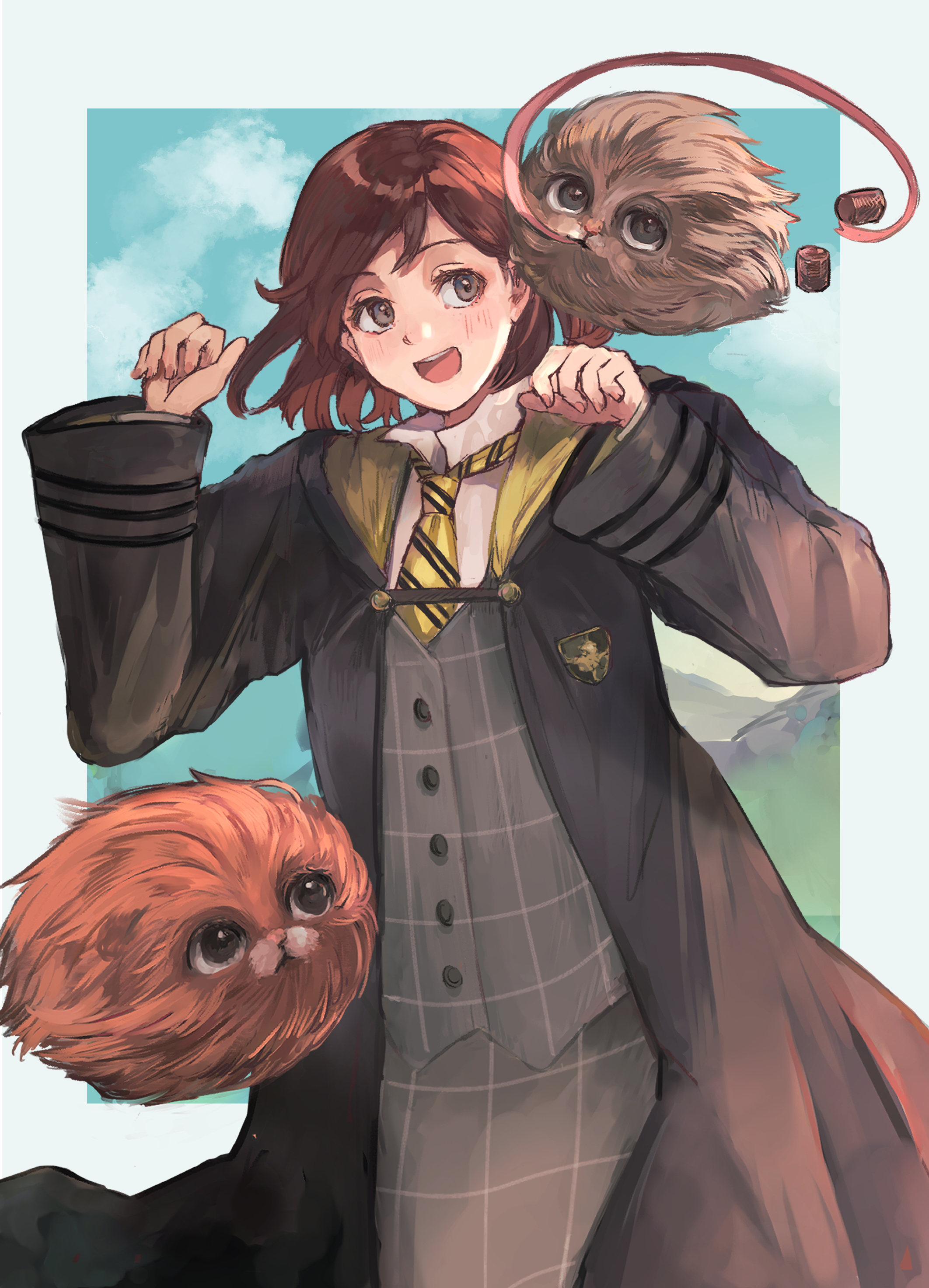 jikkentai (zol8529), poppy sweeting, hogwarts legacy, wizarding world, absurdres, commentary request, highres, mixed-language commentary, 1girl, blue sky, blush, border, brown eyes, brown hair, buttons, cloud, collared shirt, creature, food, hogwarts school uniform, hufflepuff, necktie, outside border, puffskein, school uniform, shirt, sky, smile, teeth, tongue, tongue out, upper teeth only, white border, white shirt, wide sleeves, yellow necktie