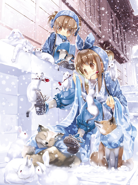 hanpen, original, 2girls, animal, animal on shoulder, bandana, brown eyes, brown hair, building, cat, child, ferret, fox, looking at another, mouth hold, multiple girls, outdoors, pants, rabbit, sitting, snow, snowing, winter