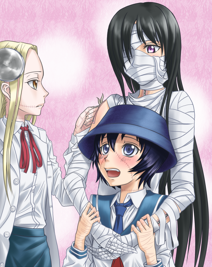 sukua, tk28, adorea, madaraki fran, madaraki veronica, franken fran, 3girls, bandages, blush, bolt (hardware), electrodes, hat, height difference, hug, long hair, multiple girls, necktie, one eye covered, red eyes, scar, school uniform, serafuku, stitches, very long hair, zipper
