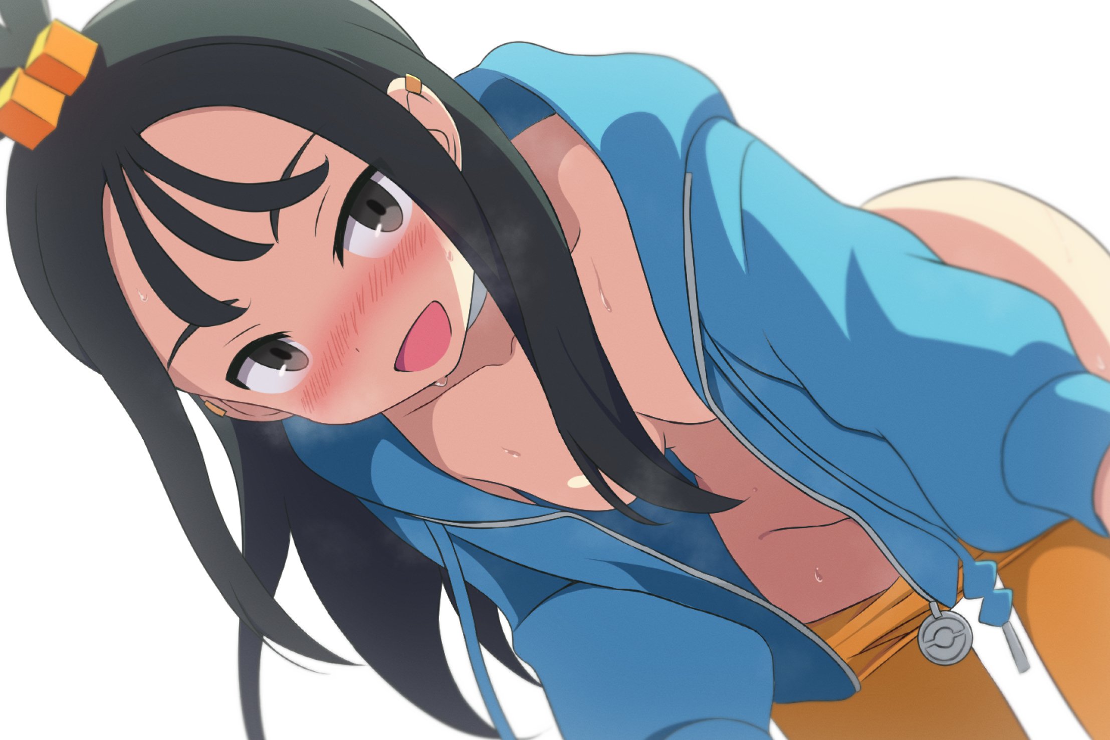 curakuru, lida (pokemon), nintendo, pokemon, pokemon legends: z-a, highres, 1girl, black hair, blue hoodie, blush, breasts, grey eyes, hair ornament, hood, hood down, hoodie, long hair, looking at viewer, no bra, no panties, open clothes, open mouth, pants, partially undressed, smile, solo, sweat