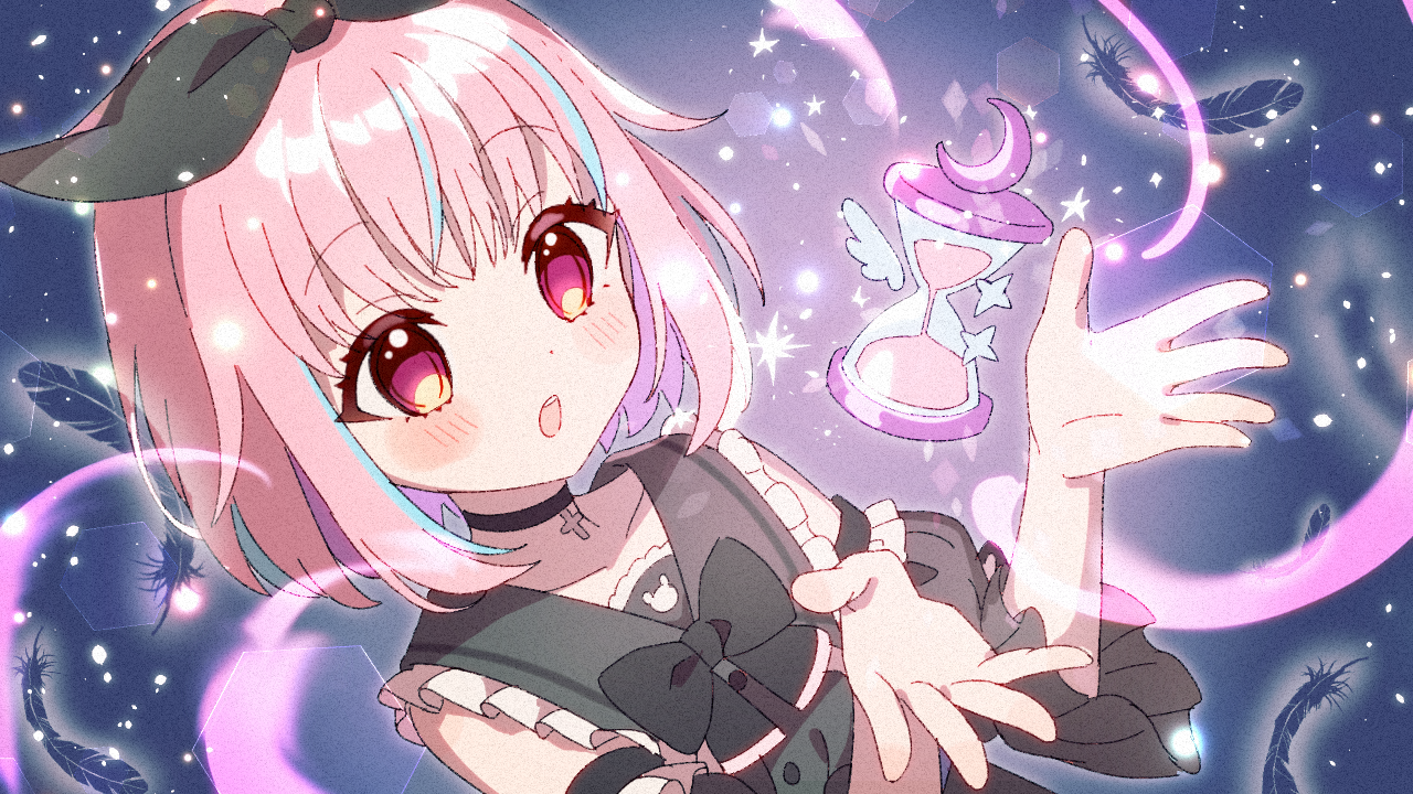 shuu (syuuuuuuuuuu), original, commentary request, 1girl, :o, bare shoulders, black choker, black ribbon, black sailor collar, black shirt, blue background, blue hair, blush, choker, collarbone, dot nose, floating, floating object, frilled sailor collar, frills, hair ribbon, hands up, hourglass, multicolored hair, open mouth, pink hair, red eyes, ribbon, sailor collar, shirt, short hair, sleeveless, sleeveless shirt, solo, streaked hair, teeth, two-tone hair, upper body, upper teeth only