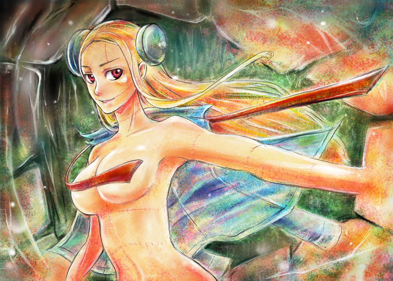 mm-mb, madaraki fran, franken fran, bad id, bad pixiv id, 1girl, blonde hair, bolt (hardware), breasts, censored, convenient censoring, electrodes, female focus, large breasts, red eyes, scar, solo, stitches, undressing