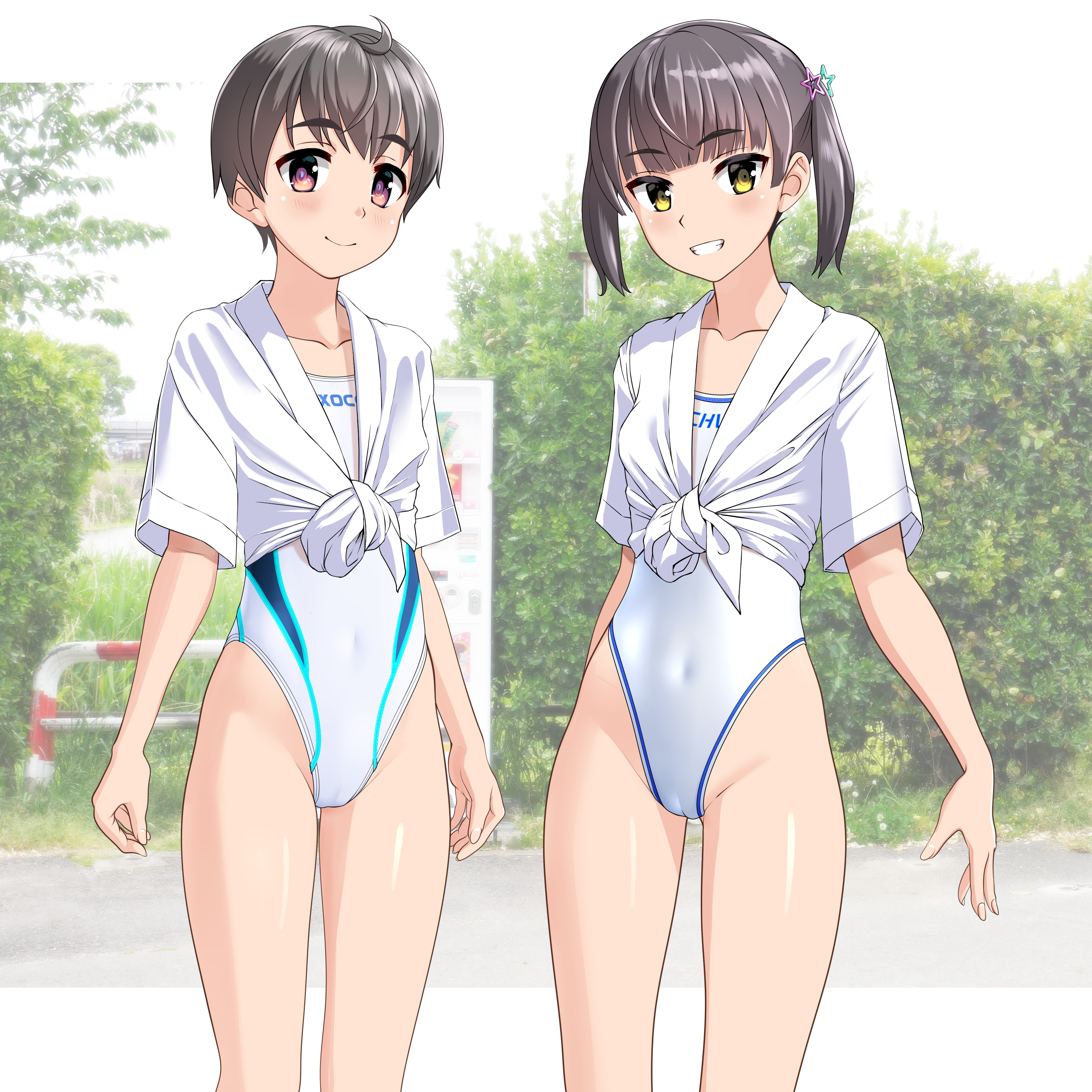 takafumi, original, absurdres, commentary request, highres, large variant set, variant set, 2girls, black hair, breasts, bush, cameltoe, clothes writing, collarbone, competition swimsuit, covered navel, grin, highleg, highleg one-piece swimsuit, mizu happi, multicolored swimsuit, multiple girls, one-piece swimsuit, short hair, small breasts, smile, standing, swimsuit, thick eyebrows, twintails, white happi, white one-piece swimsuit