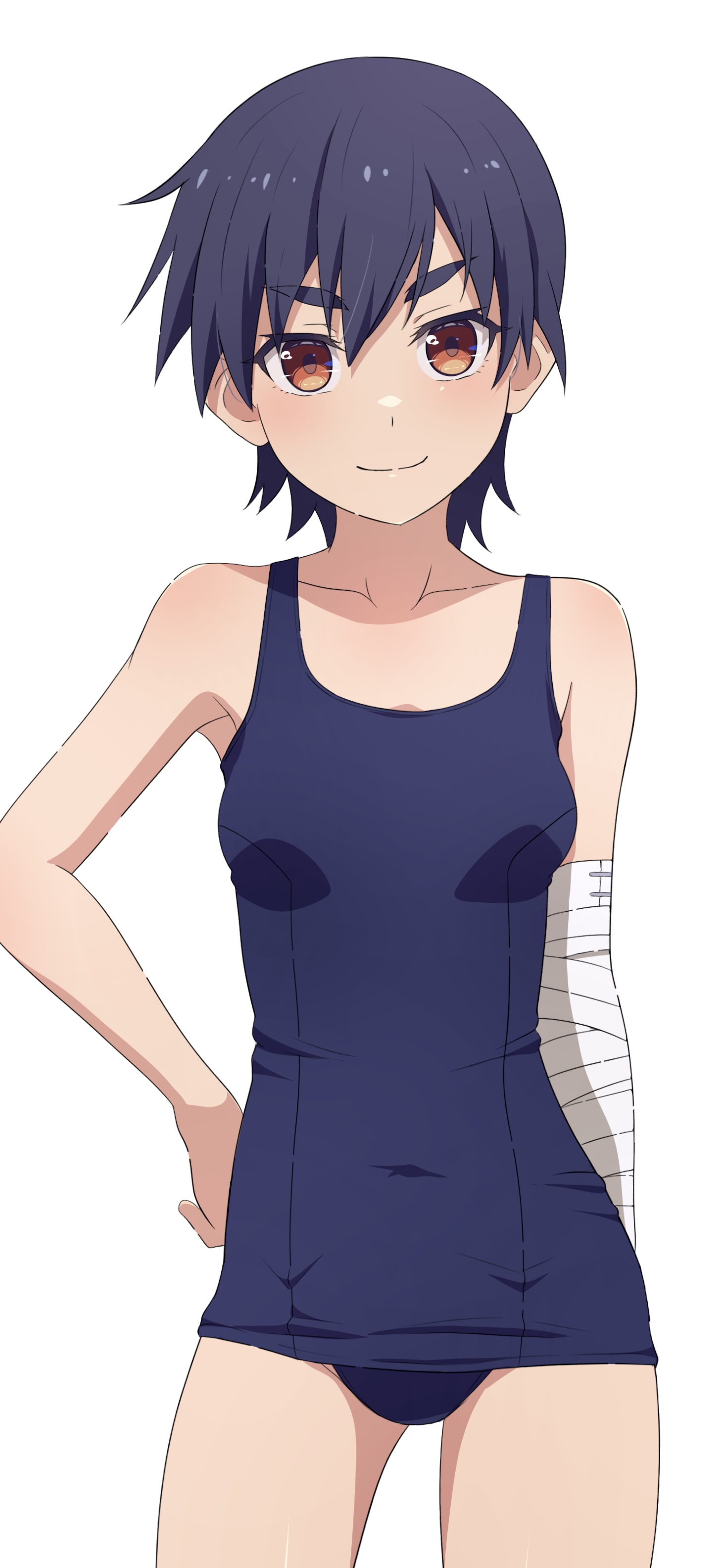 na-suke, kanbaru suruga, monogatari (series), absurdres, highres, 1girl, arm at side, bandaged arm, bandages, black hair, blue one-piece swimsuit, collarbone, hand on own hip, looking at viewer, old school swimsuit, one-piece swimsuit, school swimsuit, short hair, simple background, smile, standing, swimsuit, thick eyebrows, tomboy, white background