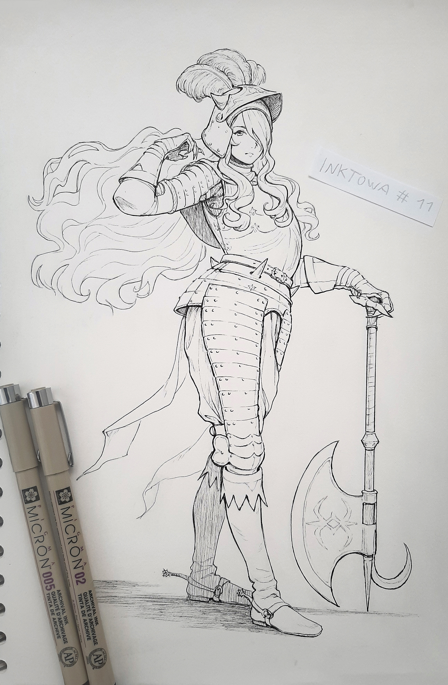 kazuko (towa), camilla (fire emblem), fire emblem, fire emblem fates, nintendo, commentary, english commentary, highres, traditional media, 1girl, alternate costume, art tools in frame, axe, closed mouth, floating hair, full body, greyscale, helmet, inktober, long hair, monochrome, plume, solo, standing, wavy hair