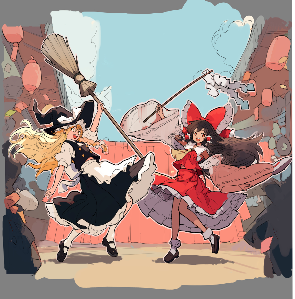 asakura maru, hakurei reimu, kirisame marisa, touhou, unfinished, 2girls, black dress, blonde hair, bow, broom, brown hair, dress, dynamic pose, frills, gohei, hat, lantern, long hair, multiple girls, red bow, red dress, road, smile, street