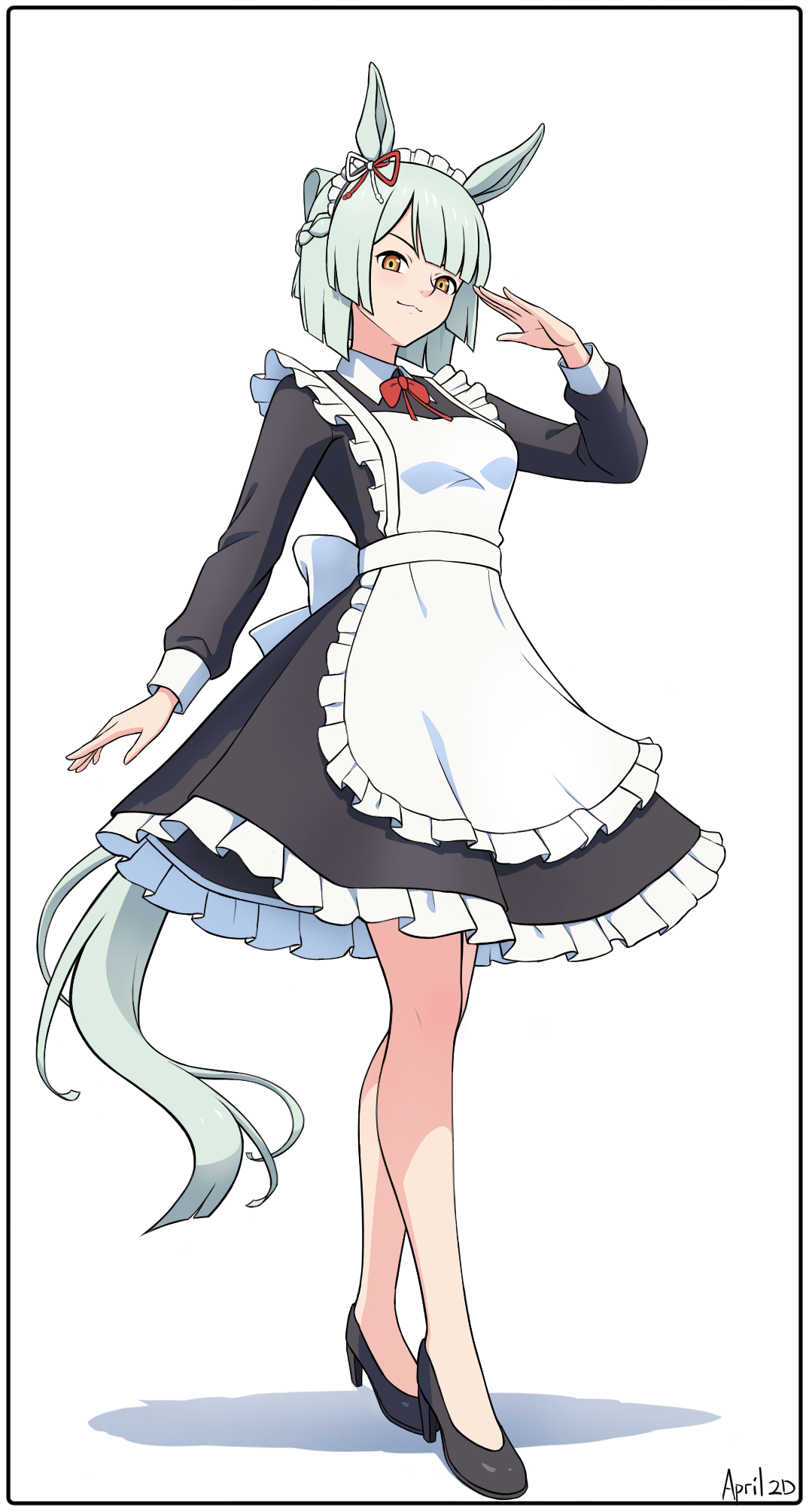 fujimasa march (umamusume), umamusume, umamusume: cinderella gray, commentary, highres, 1girl, alternate costume, animal ears, april 2d, apron, artist name, back bow, black border, black shoes, border, bow, bowtie, braid, closed mouth, collared dress, crown braid, dress, ear ribbon, enmaided, folded ponytail, frilled apron, frilled dress, frills, full body, green hair, high heels, horse ears, horse girl, horse tail, long sleeves, looking at viewer, maid, maid headdress, medium dress, red bow, red bowtie, shoes, short hair, smile, solo, standing, tail, white apron, white background, white bow, yellow eyes