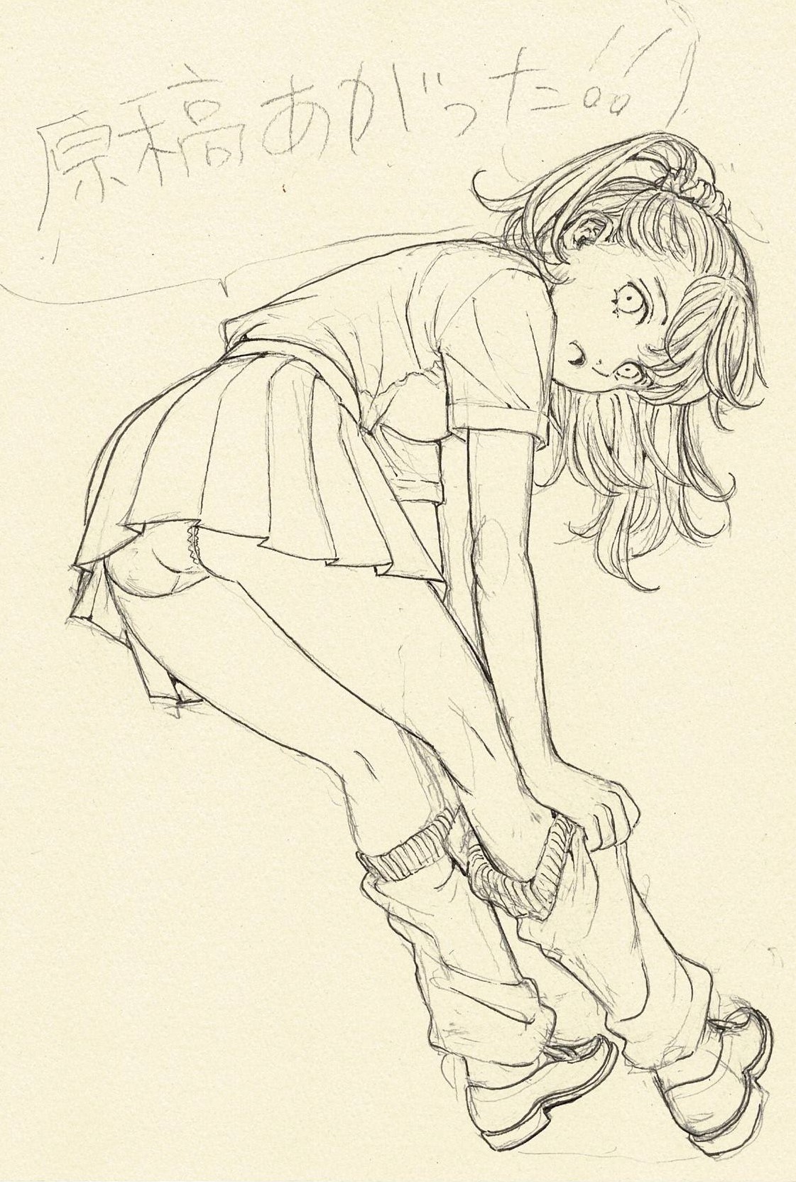 katayama makoto, original, highres, traditional media, 1girl, ass, bent over, full body, leg warmers, long hair, looking at viewer, loose socks, monochrome, panties, pantyshot, pleated skirt, shoes, sketch, skirt, socks, solo, standing, underwear