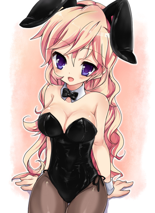 yu (pixiv), yunomi (p-3-q), original, bad id, bad pixiv id, 1girl, animal ears, fake animal ears, female focus, long hair, pantyhose, pink hair, playboy bunny, purple eyes, rabbit ears, sitting, solo