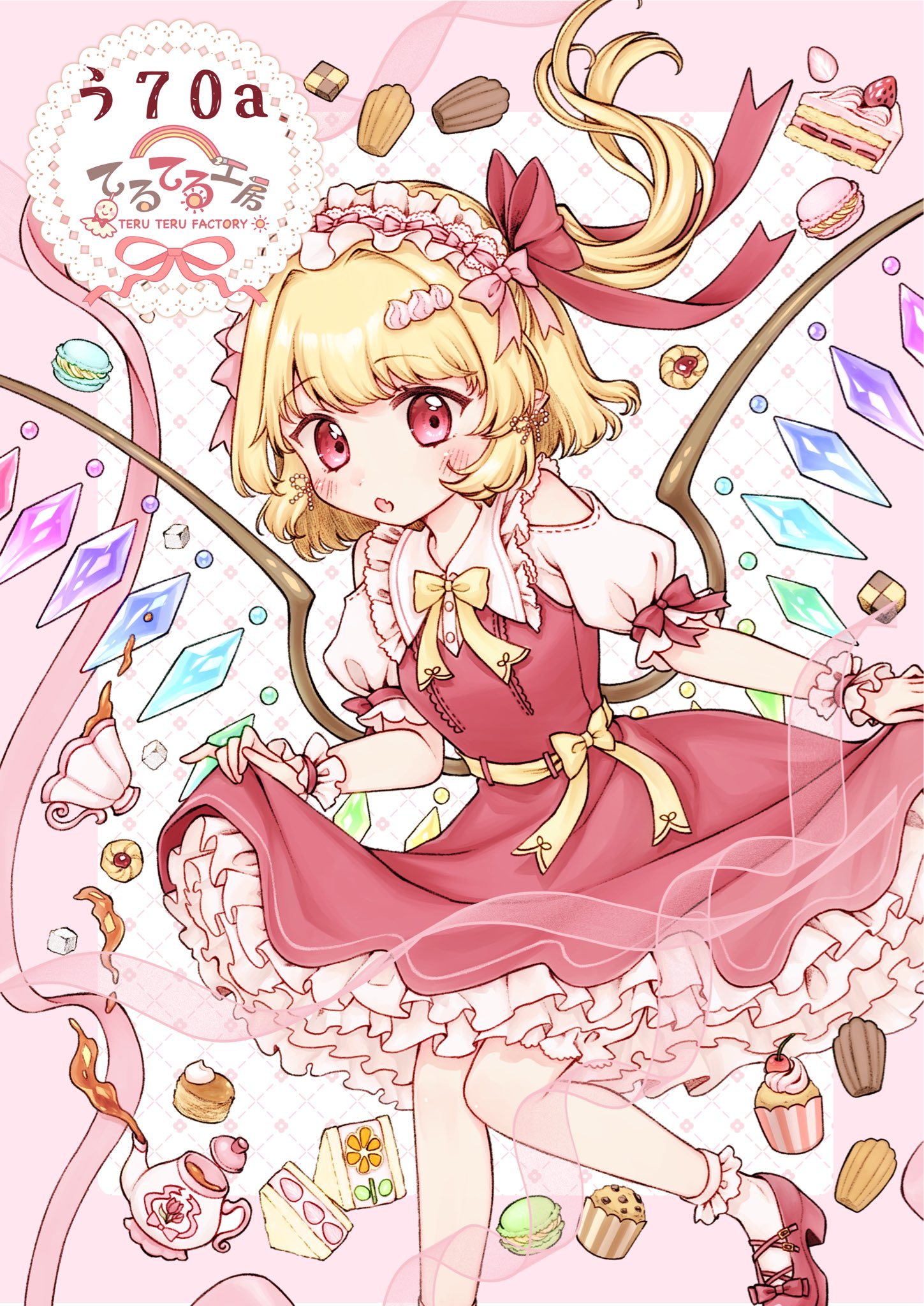 pastel (iero-guri-nn), flandre scarlet, touhou, highres, blonde hair, bow, cake, crystal, dress, food, frills, maid headdress, pastel colors, pink dress, red bow, red eyes, ribbon, short hair, sweets, tea, wings